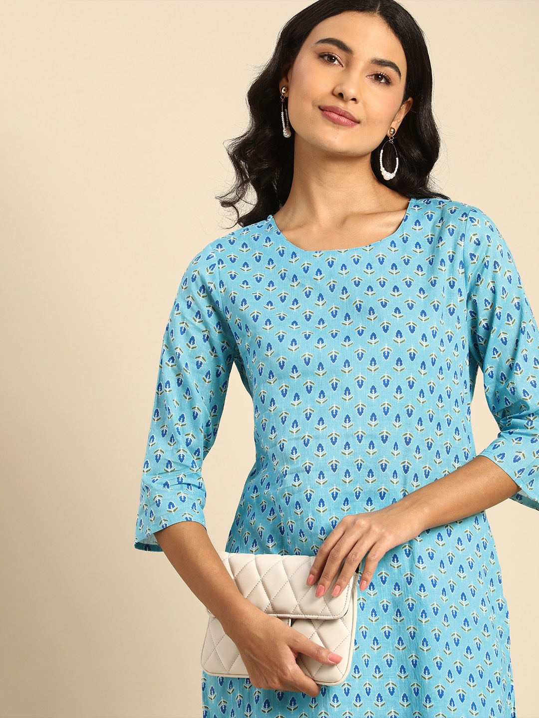 

all about you Women Blue Printed Pure Cotton Kurta with Trousers