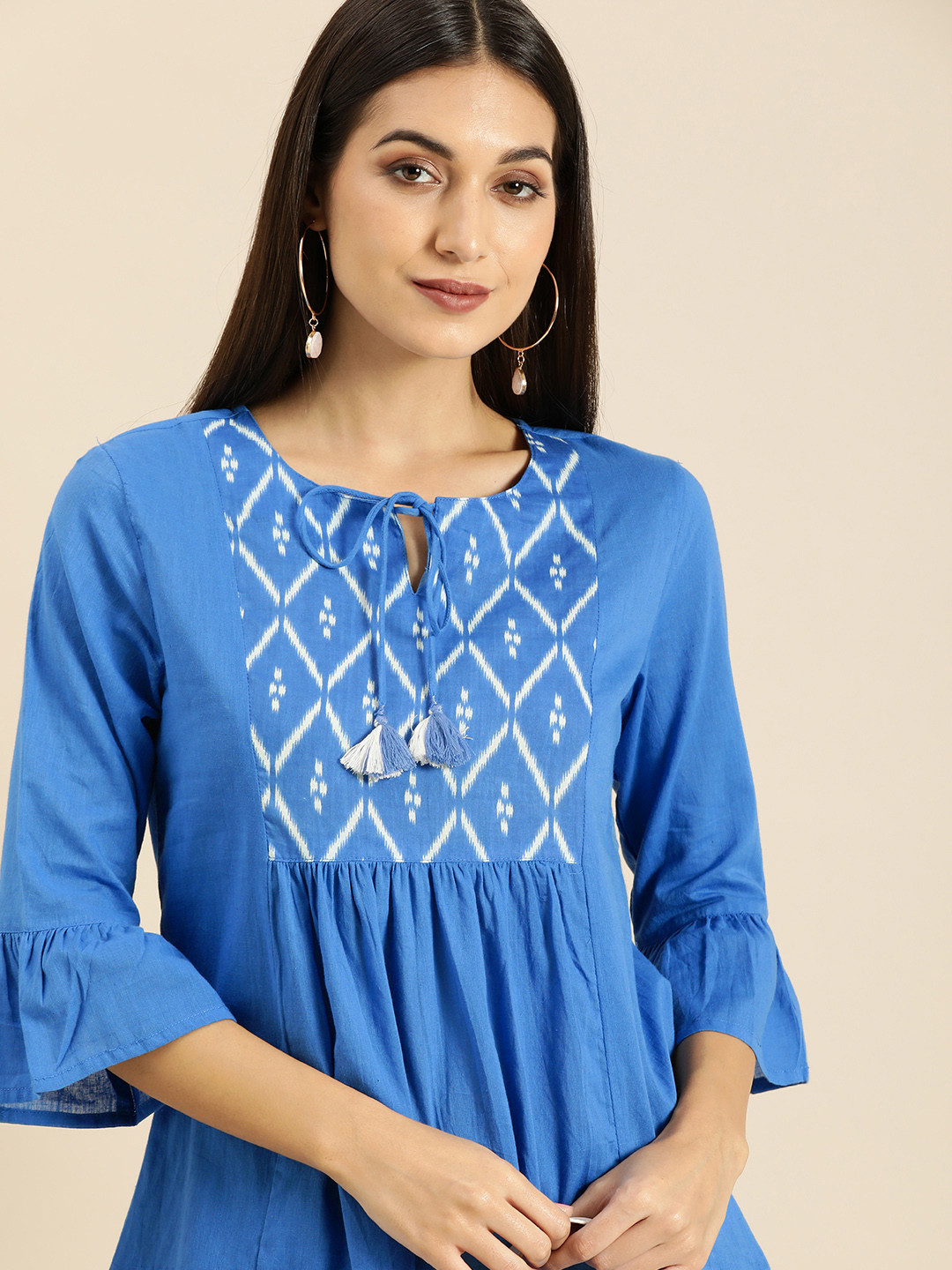 

all about you Blue & White Ikat Print Tie-Up Neck Bell Sleeves Pure Cotton A-Line Kurti