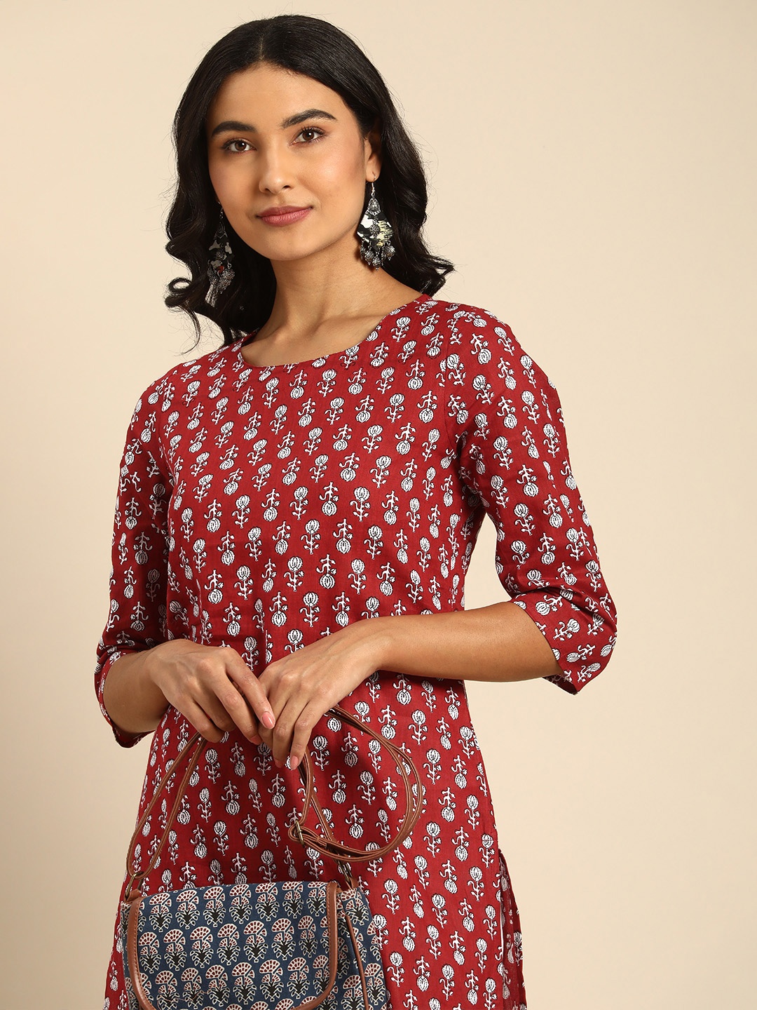 

all about you Women Maroon Printed Pure Cotton Kurta with Trousers