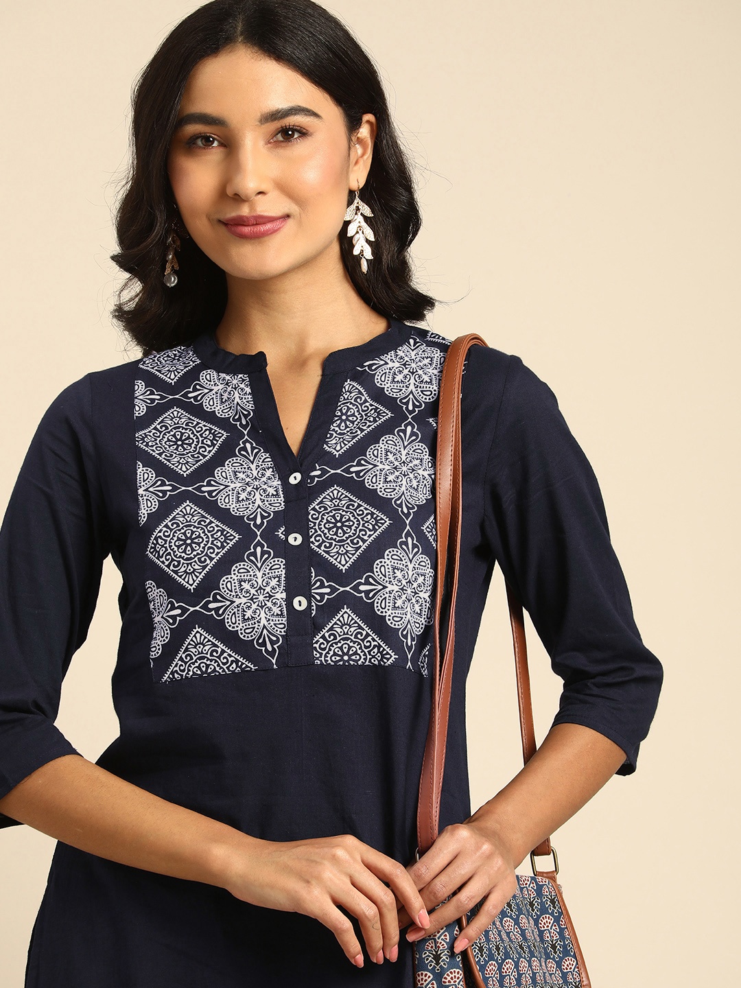 

all about you Women Navy Blue Ethnic Motifs Yoke Design Pure Cotton Kurta