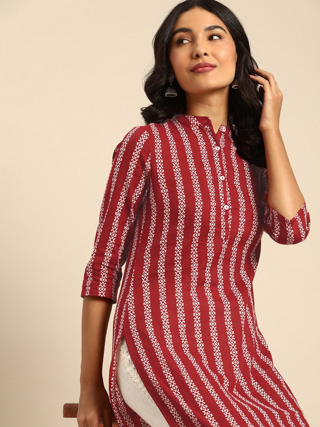 

all about you Women Red & Off White Geometric Printed Pure Cotton Kurta