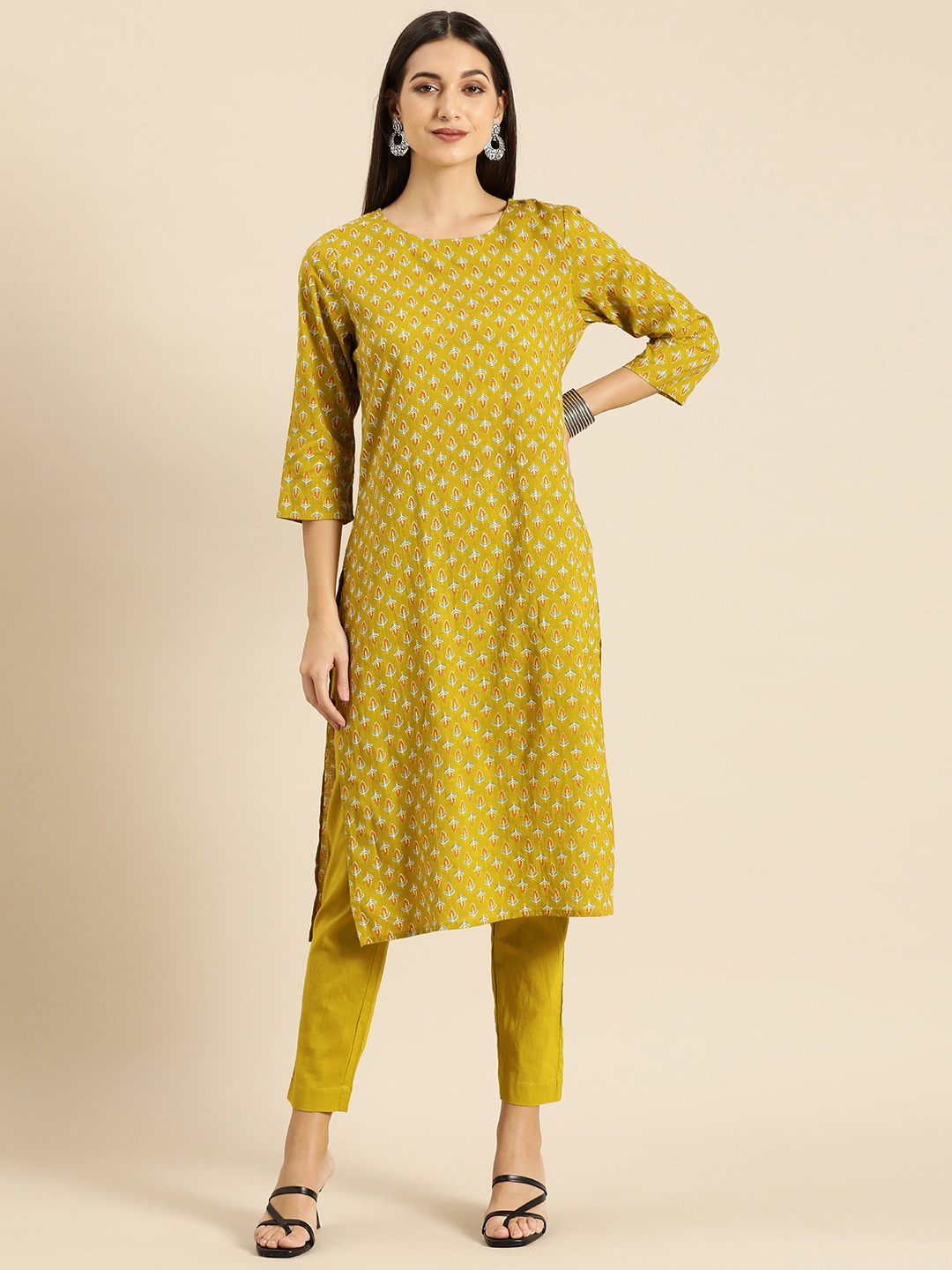 

all about you Women Olive Green Ethnic Motifs Print Pure Cotton Kurta with Trousers
