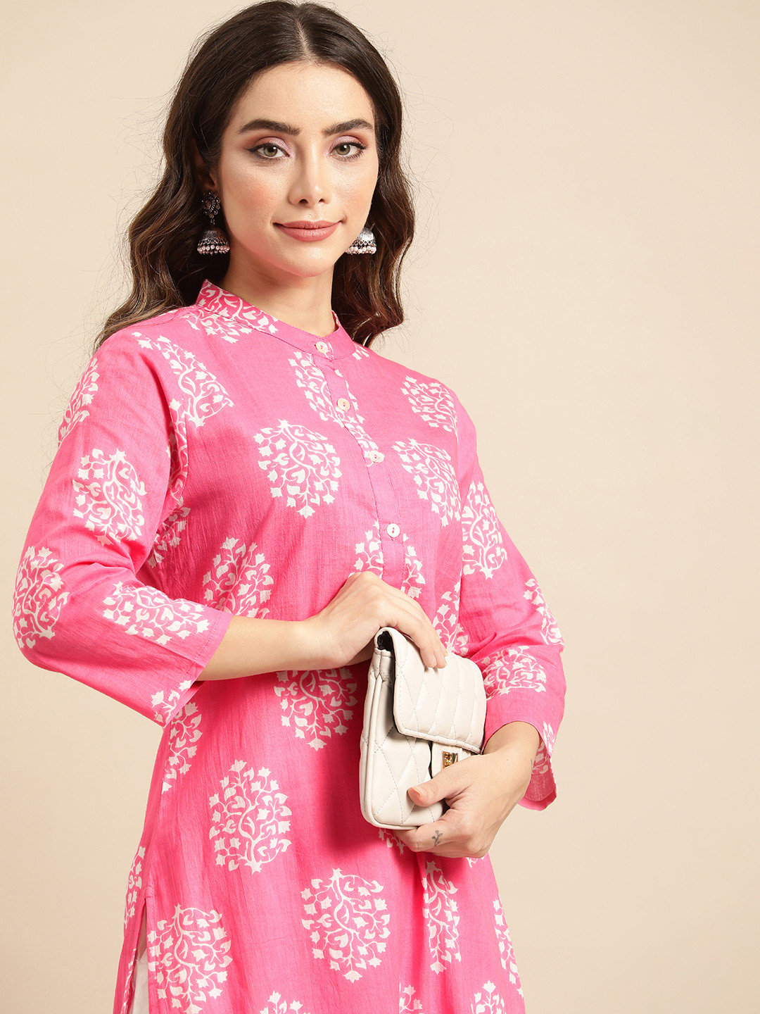 

all about you Women Pink & White Floral Printed Pure Cotton Kurta