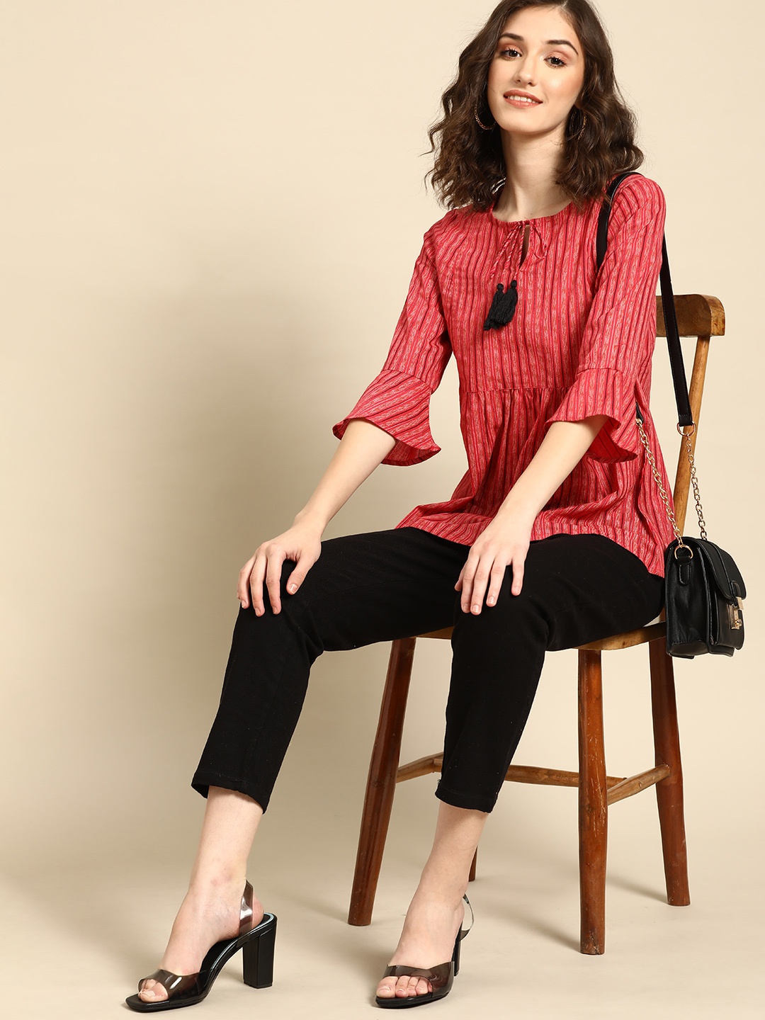 

all about you Coral Red & Black Stripe printed Bell sleeves Pure Cotton Kurti