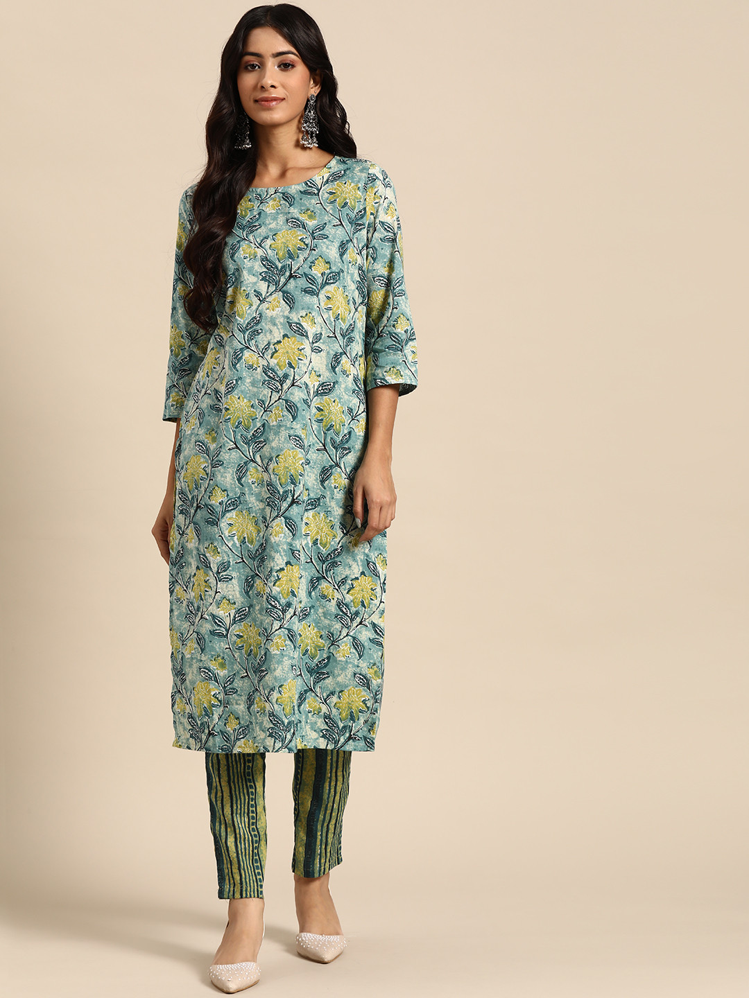 

all about you Women Floral Printed Pure Cotton Kurta with Trousers, Blue