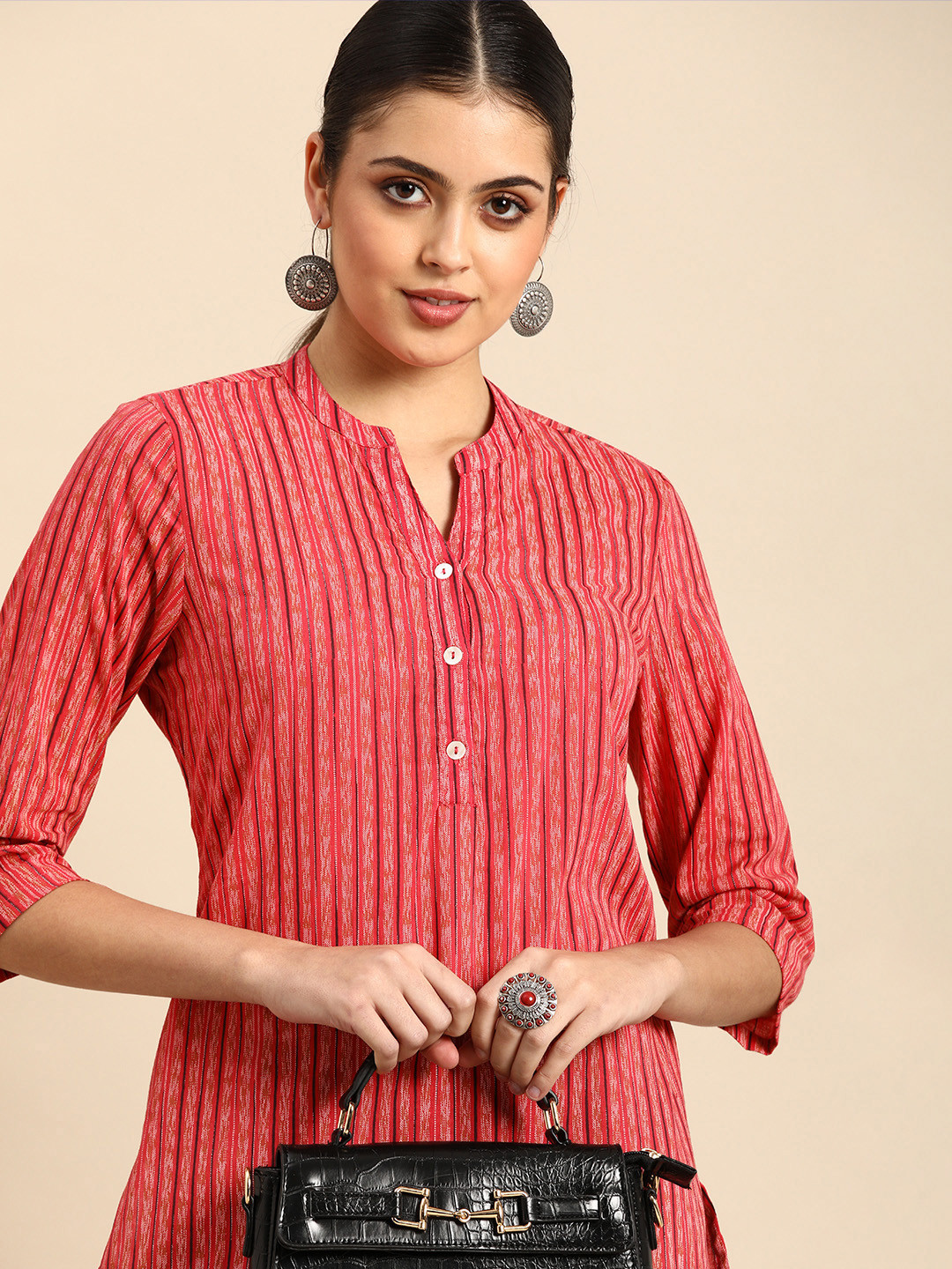 

all about you Women Red & Black Stripe Printed Kurta