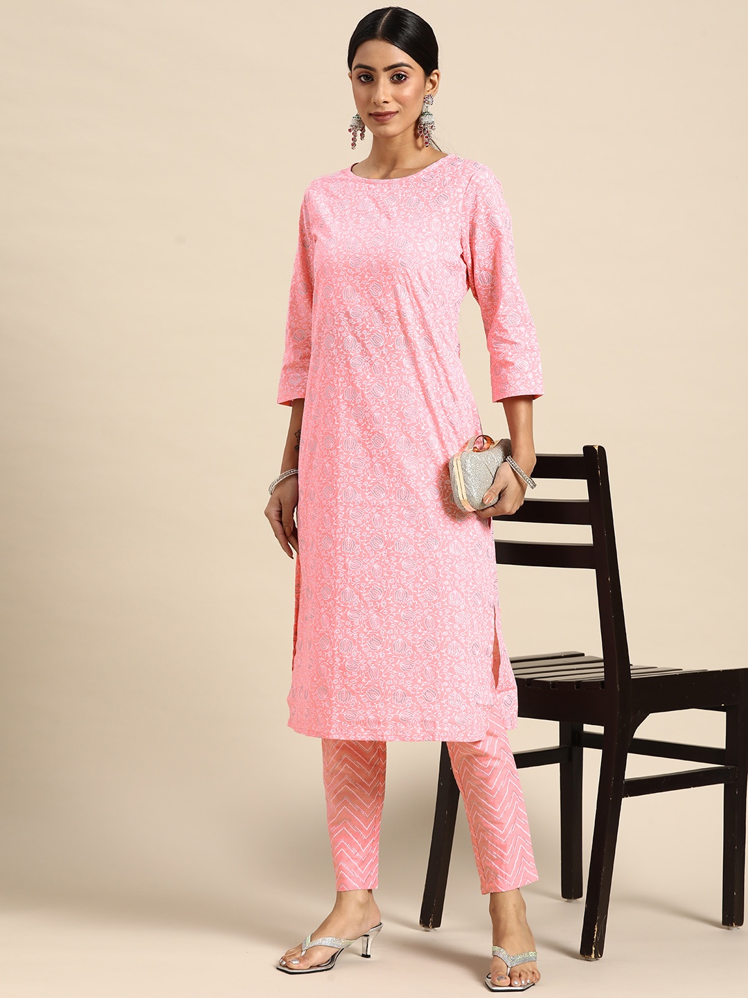 

all about you Women Pink Ethnic Motifs Printed Pure Cotton Kurta with Trousers