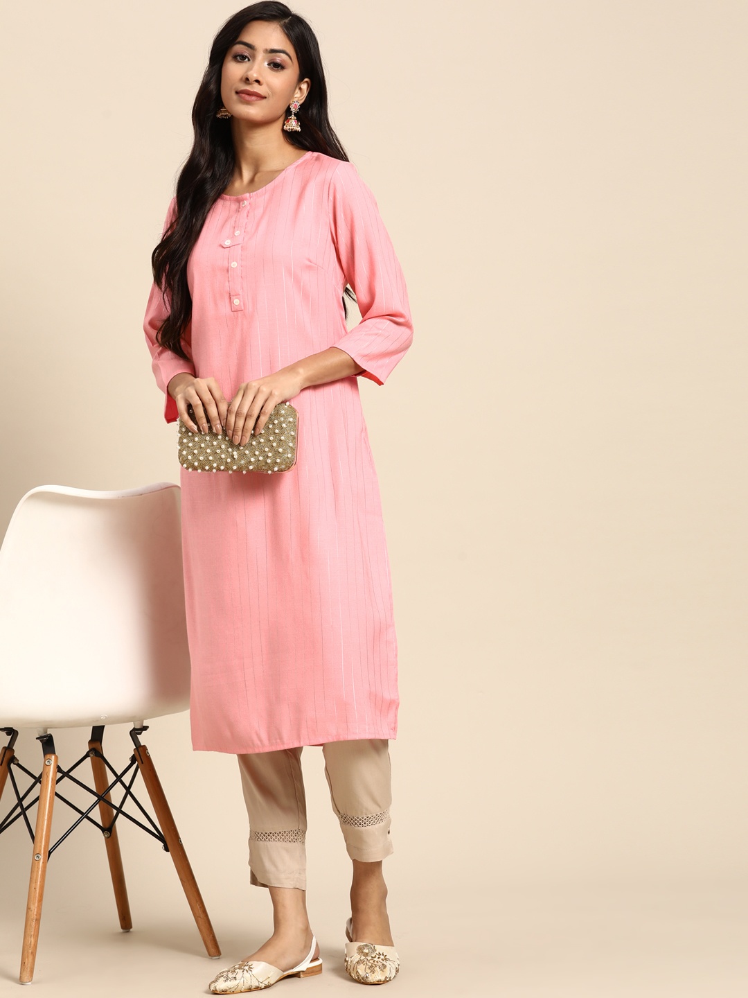 

all about you Women Pink Striped Kurta