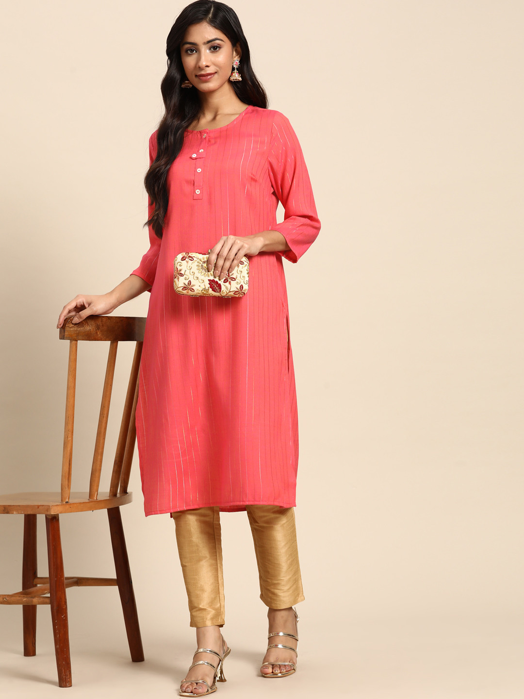 

all about you Women Coral Striped Kurta