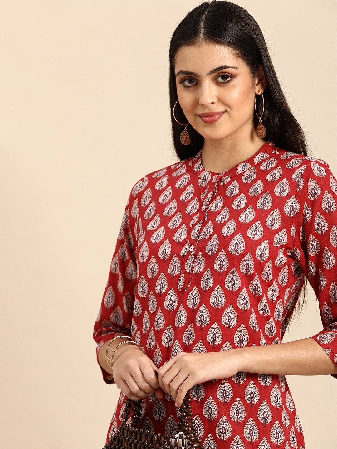 

all about you Women Red & Peach-Coloured Ethnic Motifs Printed Kurta