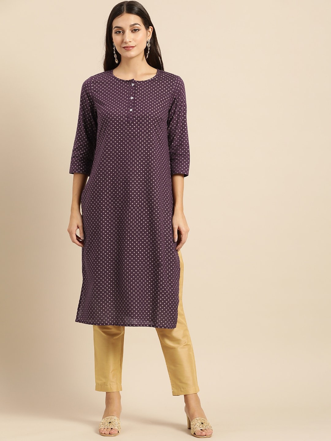 

all about you Women Ethnic Motifs Print Round Neck Regular Sleeves Straight Kurta, Burgundy