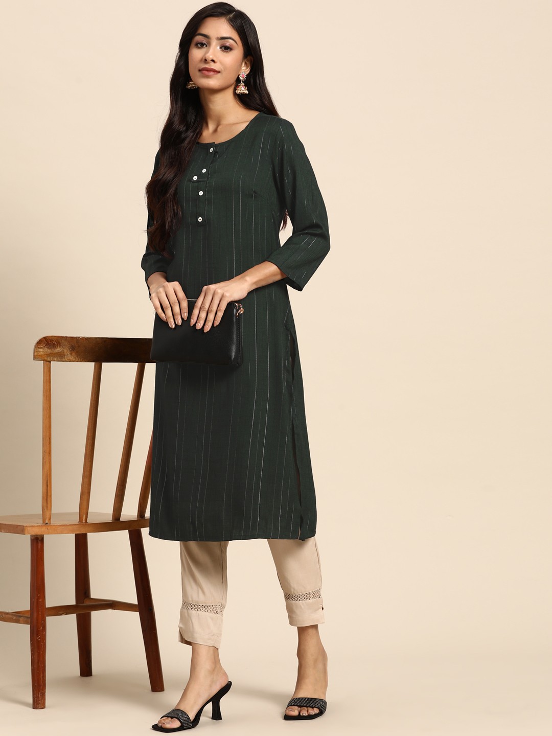 

all about you Women Green Striped Kurta