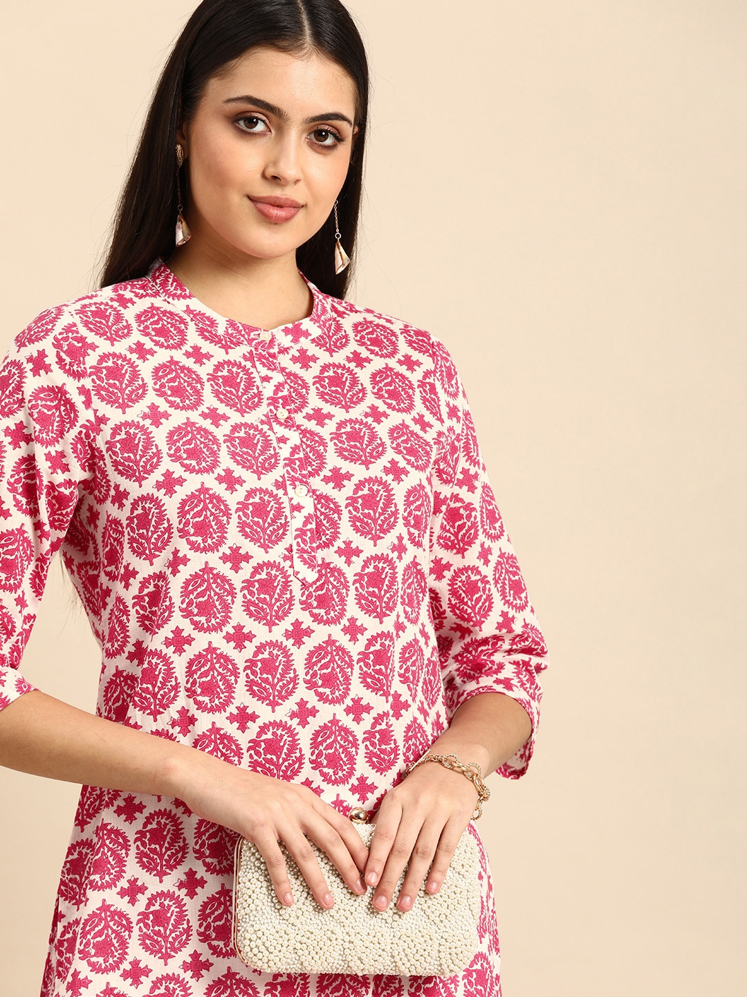 

all about you Women White & Pink Ethnic Motifs Printed Kurta