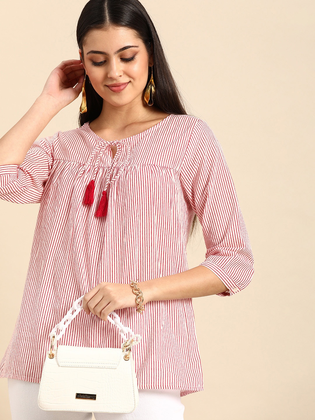 

all about you White & Red Striped Pure Cotton Kurti with Tassel detail