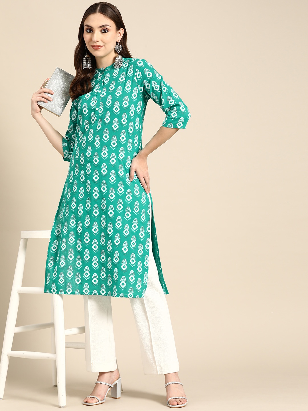 

all about you Women Sea Green & White Ethnic Motifs Printed Pure Cotton Kurta