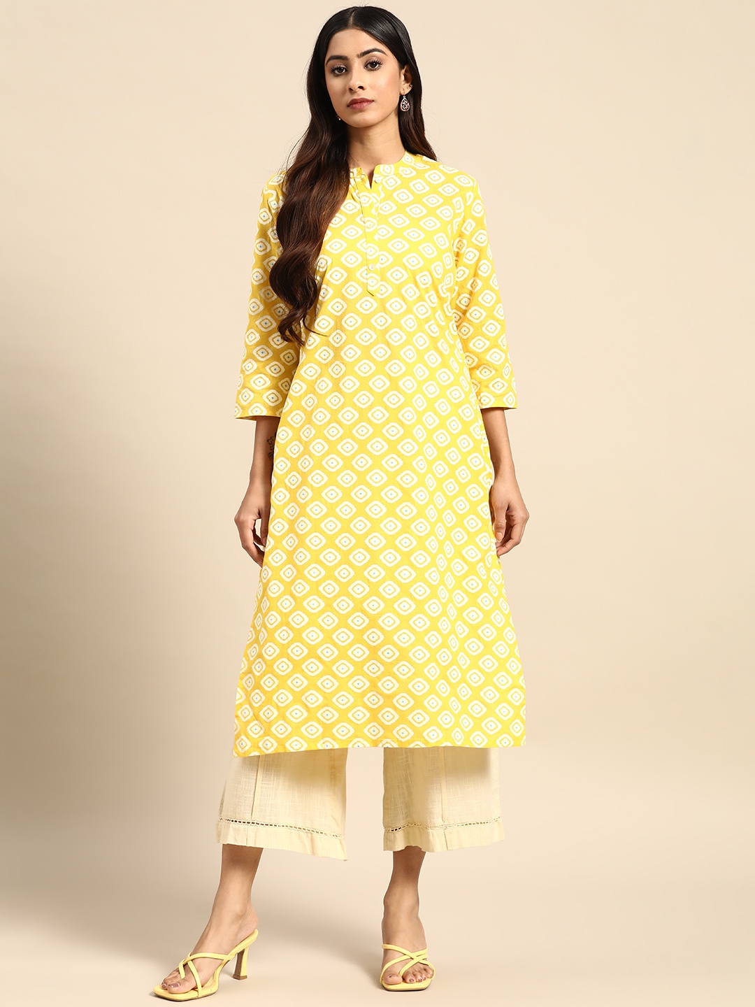 

all about you Geometric Printed Pure Cotton Straight Kurta, Yellow