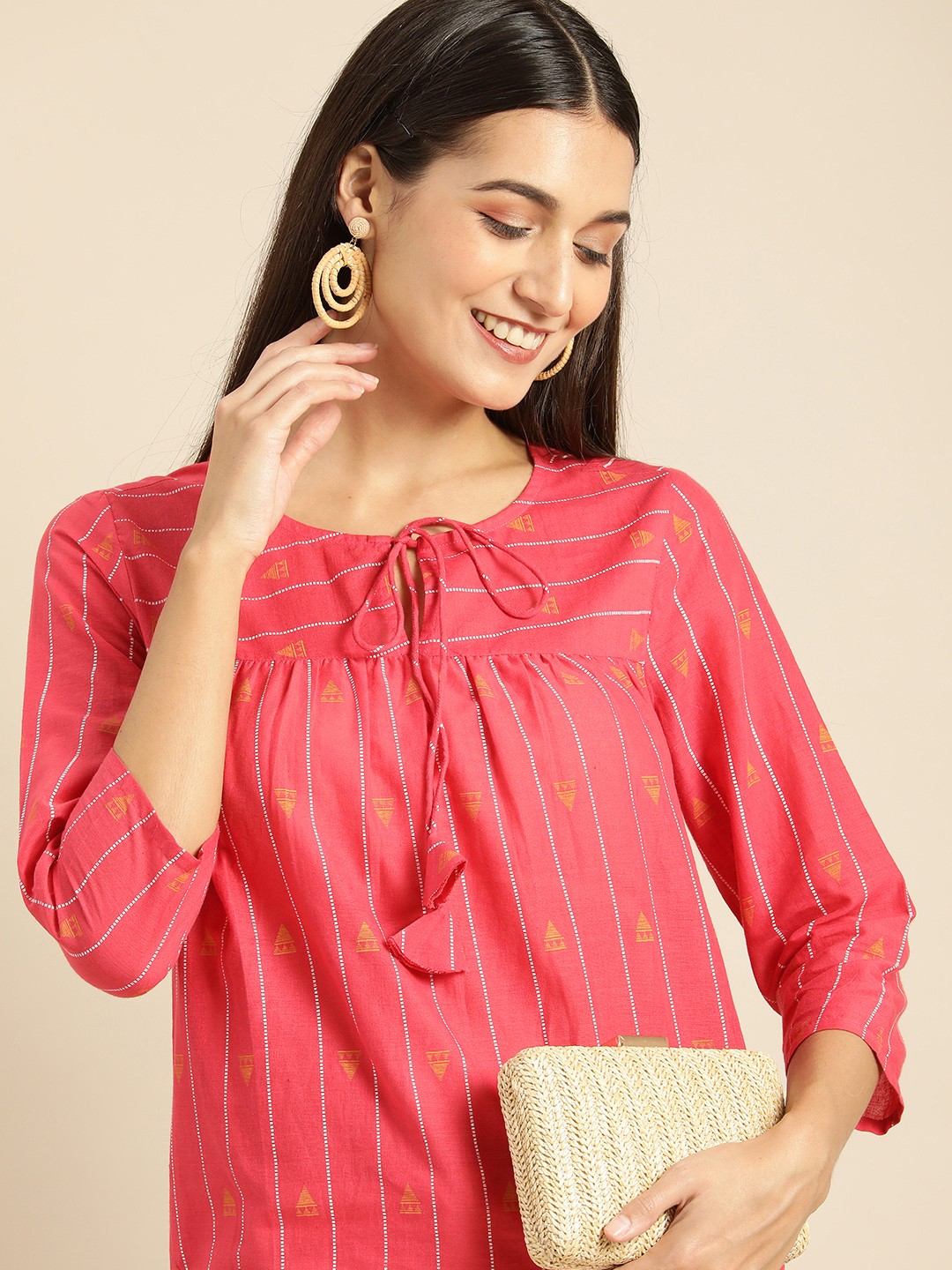 

all about you Pink & Mustard Yellow Ethnic Motifs Printed Pure Cotton Kurti