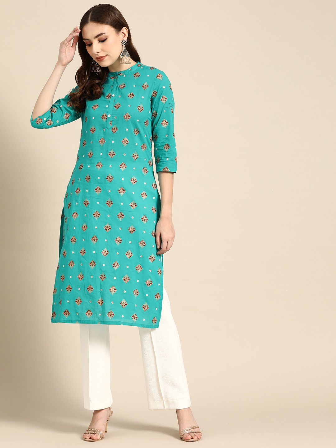 

all about you Women Turquoise Blue & Maroon Ethnic Motifs Foil Printed Kurta