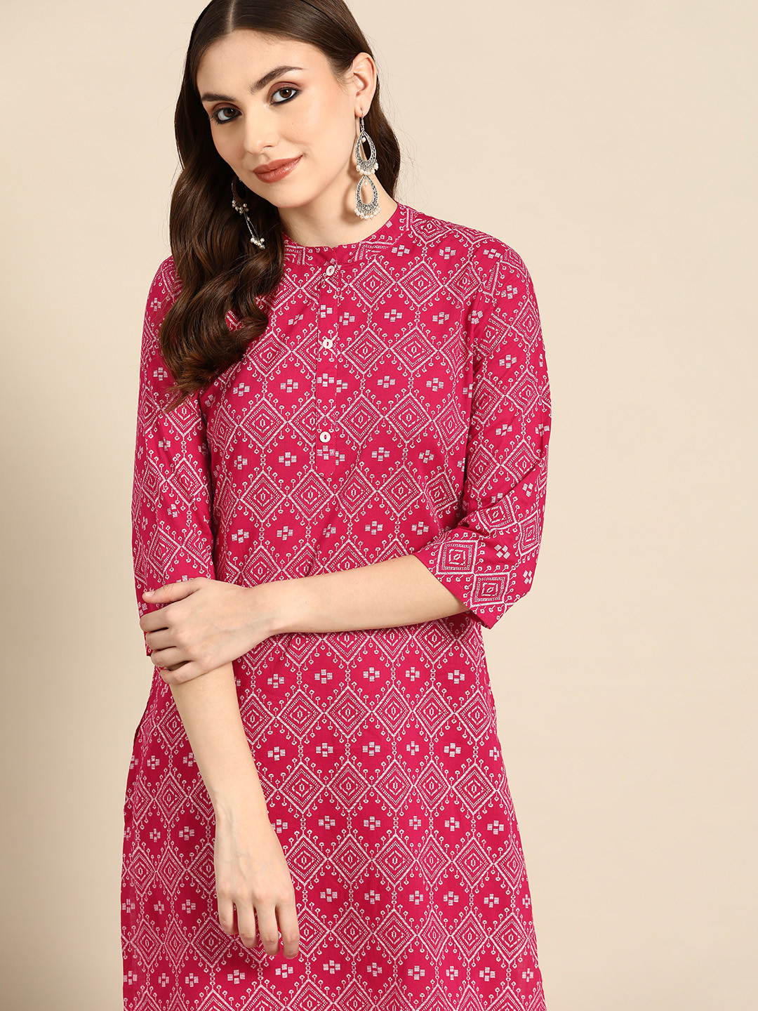 

all about you Women Pink & White Ethnic Motifs Printed Pure Cotton Kurta