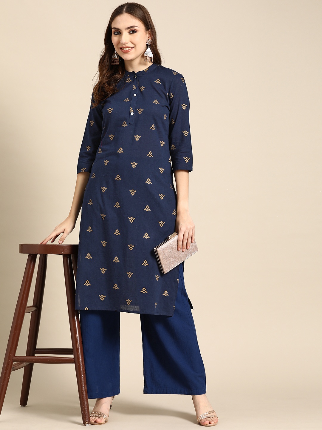 

all about you Women Navy Blue & Golden Ethnic Motifs Printed Pure Cotton Kurta