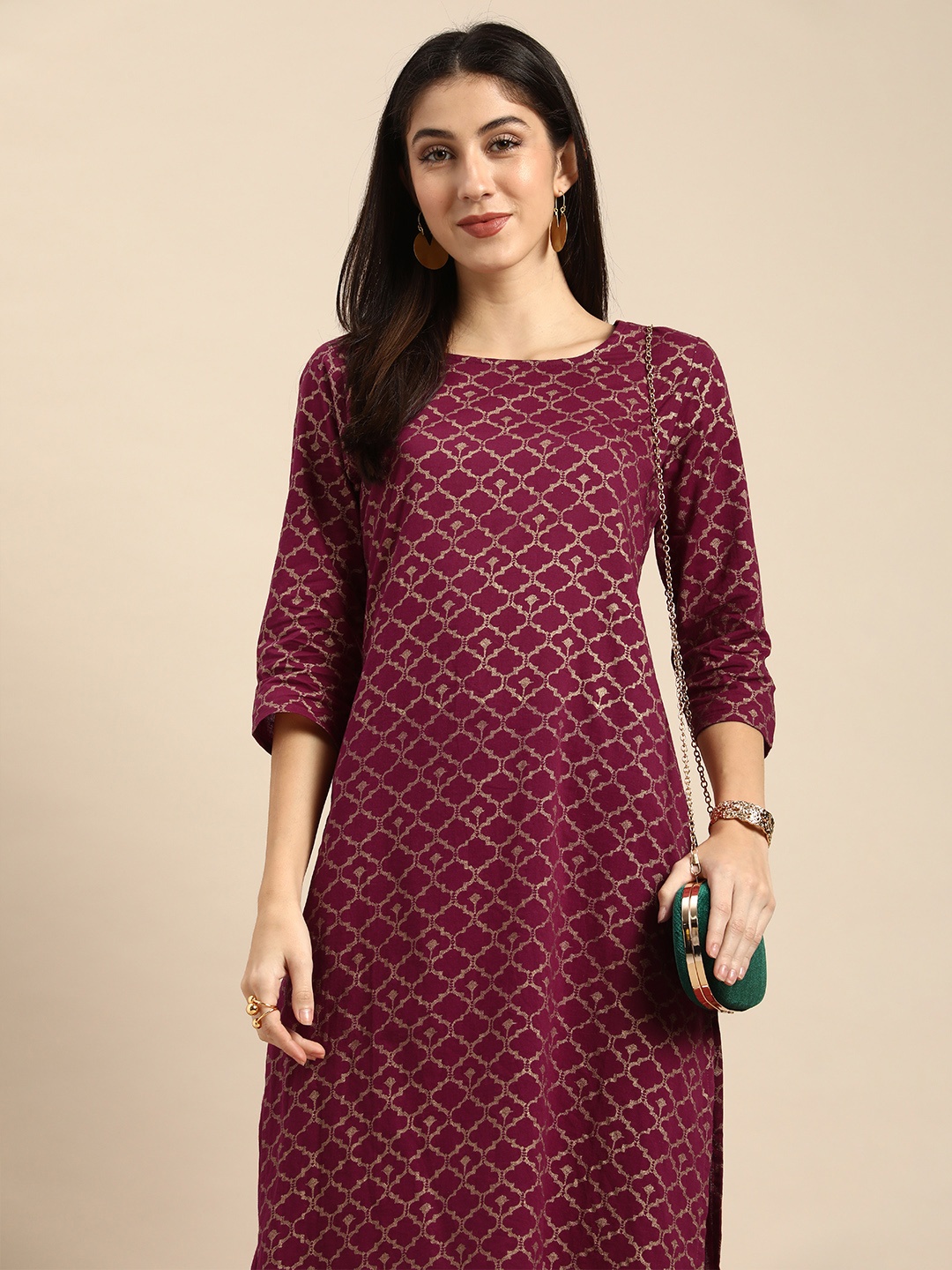 

all about you Women Maroon Woven Design Pure Cotton Kurta with Trousers