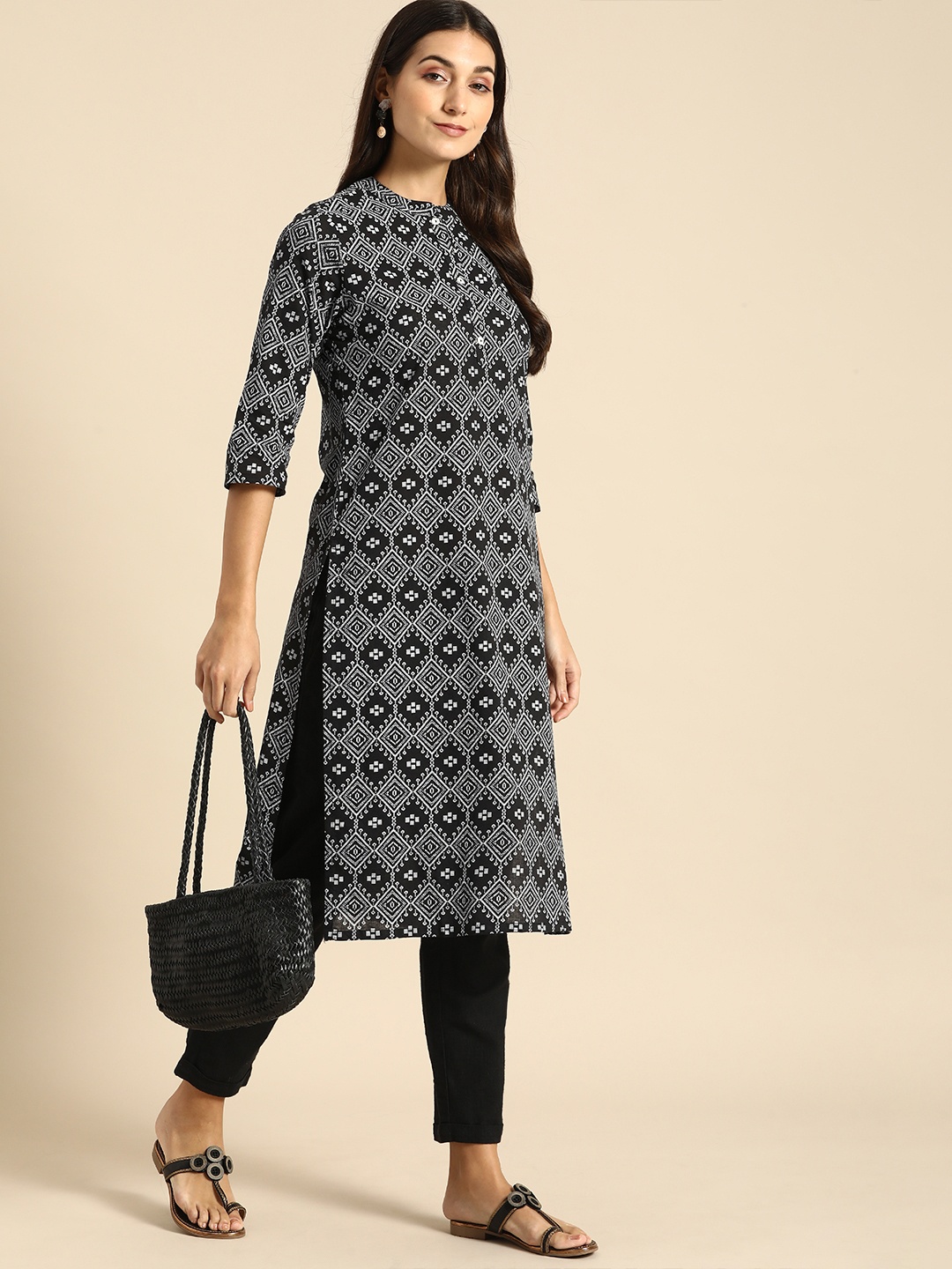 

all about you Women Black & White Ethnic Motifs Printed Kurta