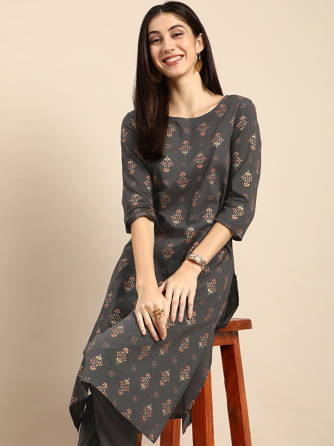 

all about you Women Grey Ethnic Motifs Printed Pure Cotton Kurta with Trousers