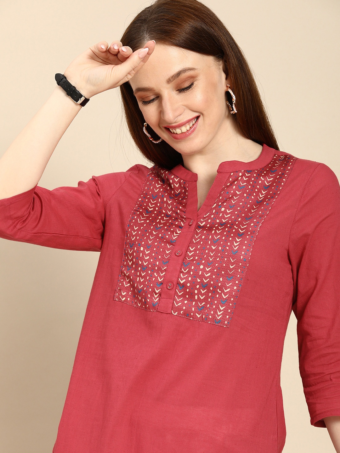 

all about you Women Maroon Yoke Design Printed Pure Cotton Kurta