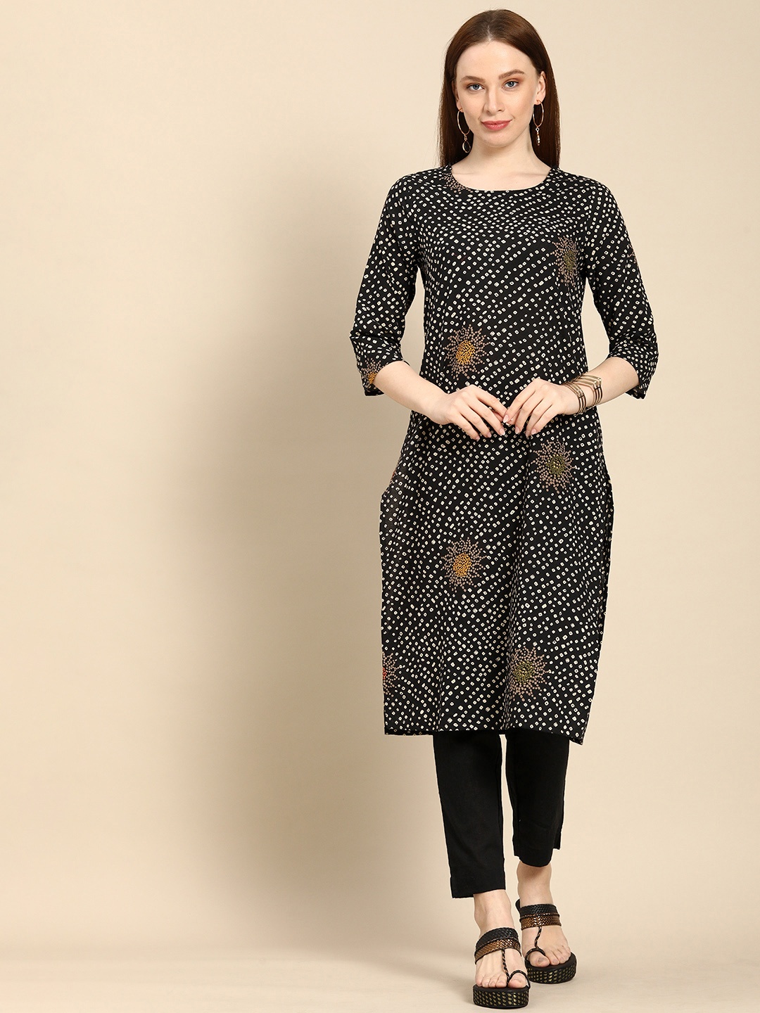 

all about you Women Black Bandhani Printed Pure Cotton Kurta with Trousers