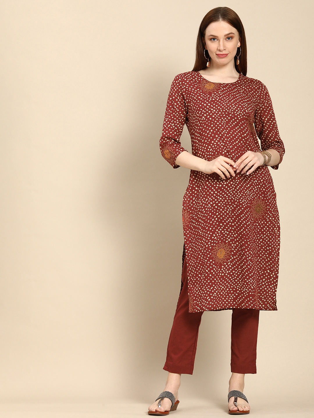 

all about you Women Maroon Bandhani Printed Pure Cotton Kurta with Trousers