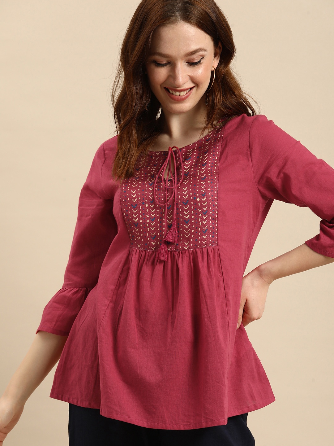 

all about you Pink Geometric Yoke Design Pure Cotton A-Line Short Kurti