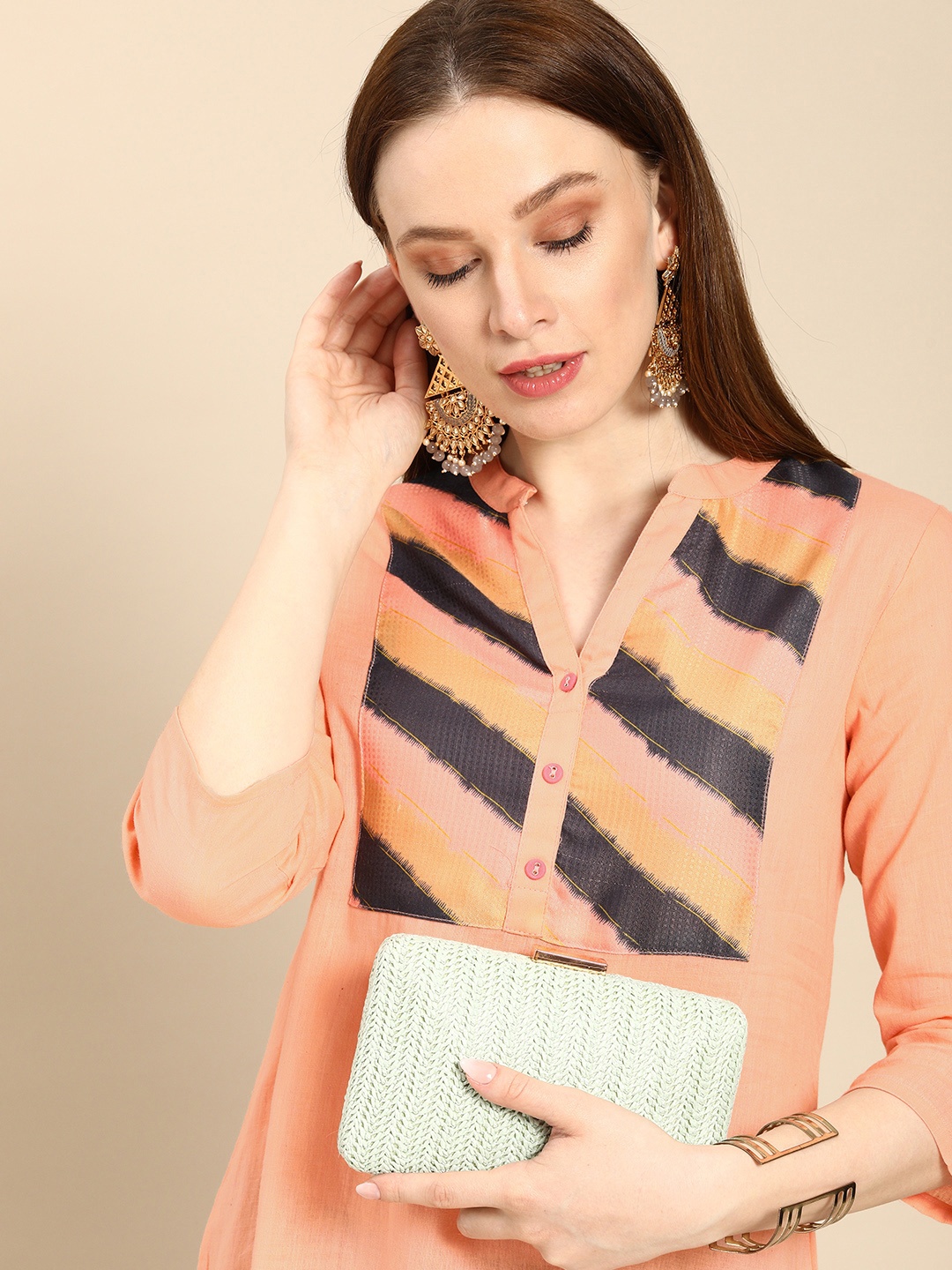 

all about you Women Peach-Coloured Yoke Design Pure Cotton Kurta