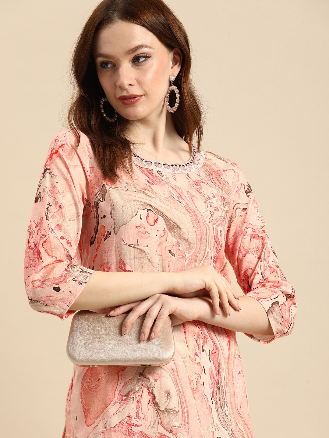 

all about you Women Peach-Coloured & Red Printed Pure Cotton Kurta