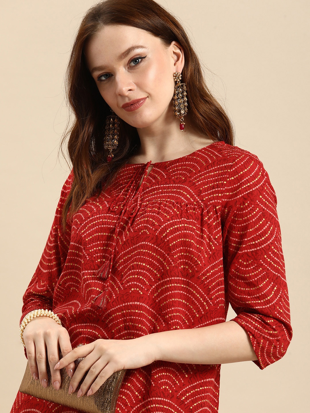 

all about you Women Red & Yellow Bandhani Printed Pure Cotton Pure Cotton Kurti