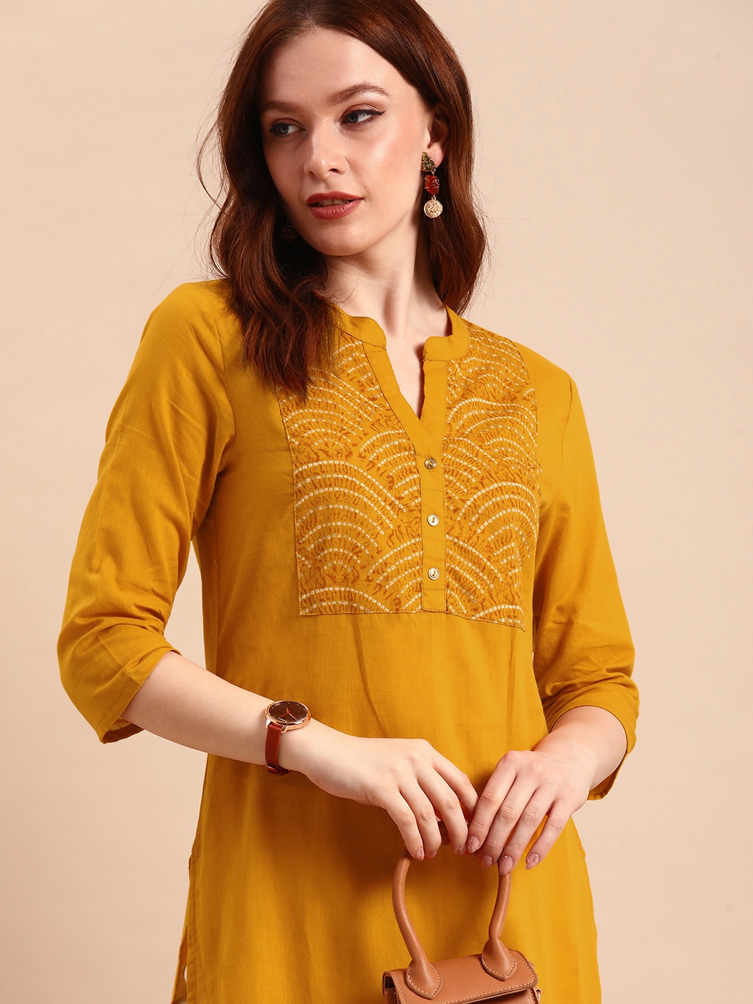 

all about you Women Yellow Bandhani Yoke Design Pure Cotton Kurta