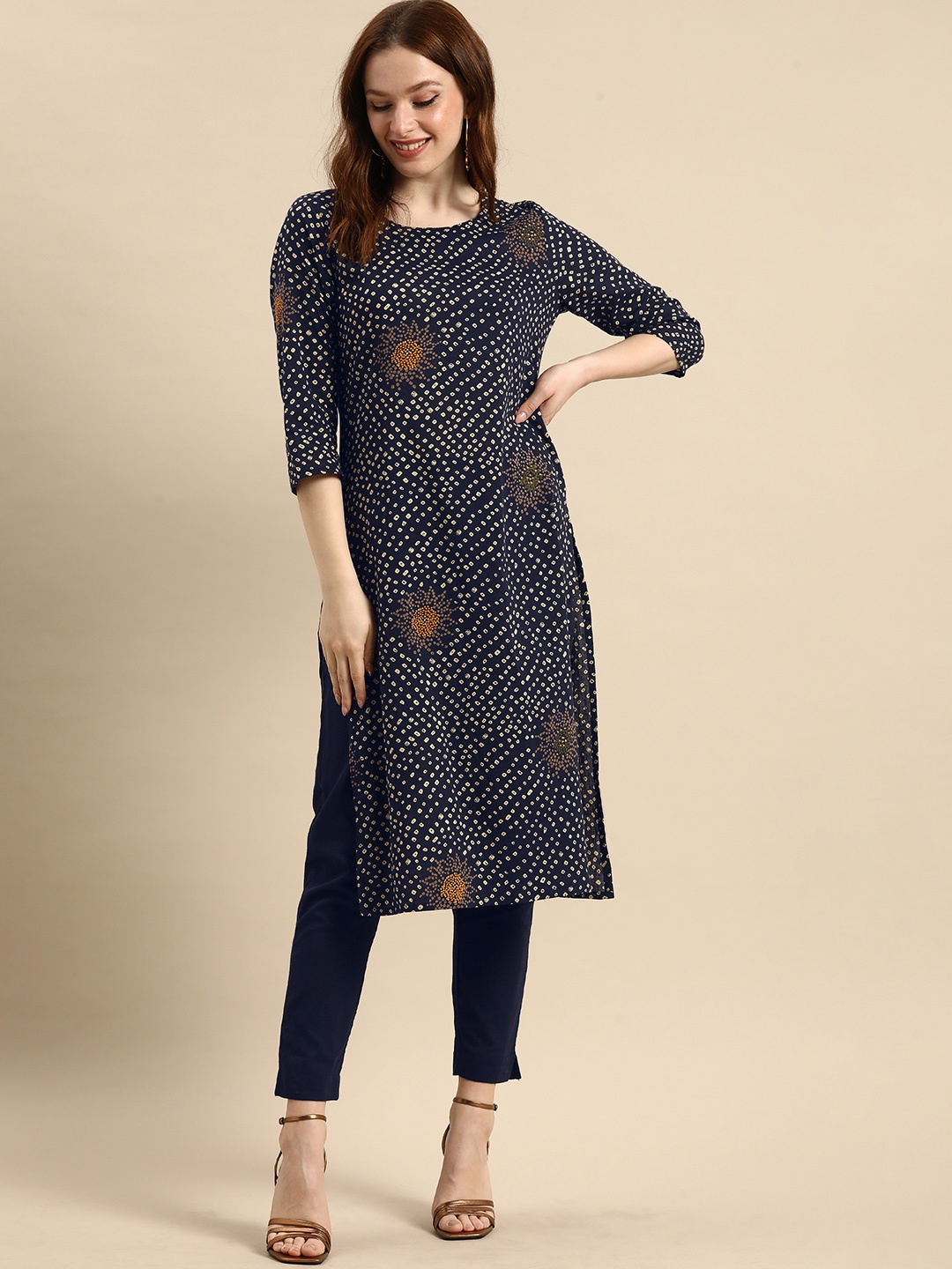 

all about you Women Navy Blue Bandhani Printed Pure Cotton Kurta with Trousers