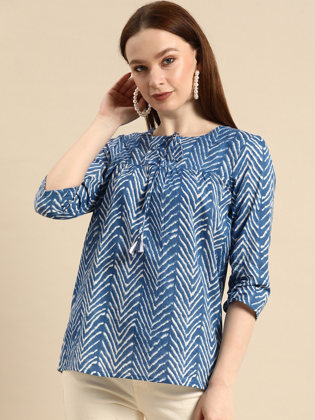 

all about you Women Blue & White Striped Pure Cotton Kurti