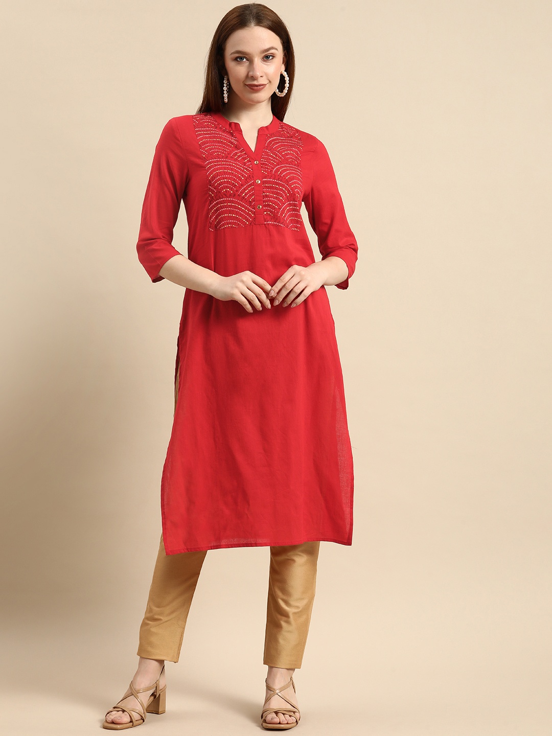 

all about you Women Red & Yellow Bandhani Yoke Design Pure Cotton Kurta
