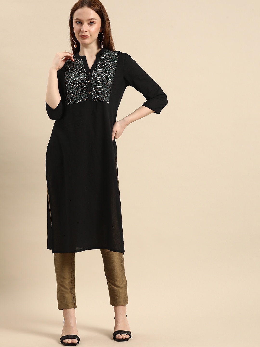 

all about you Women Black Geometric Yoke Design Pure Cotton Kurta