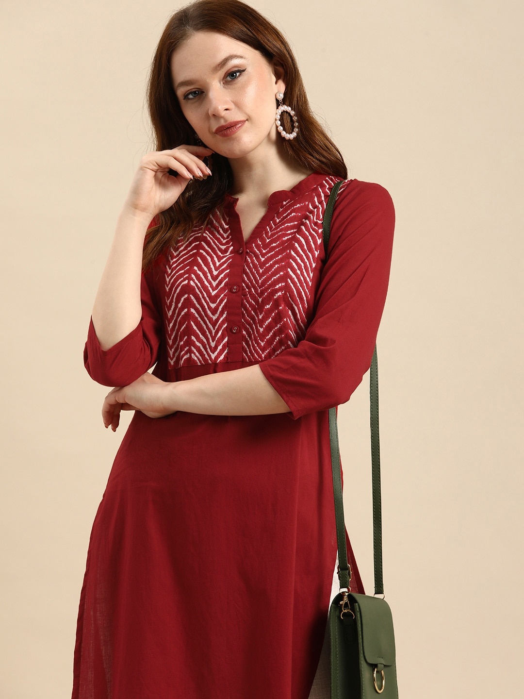 

all about you Women Maroon Geometric Yoke Design Pure Cotton Kurta