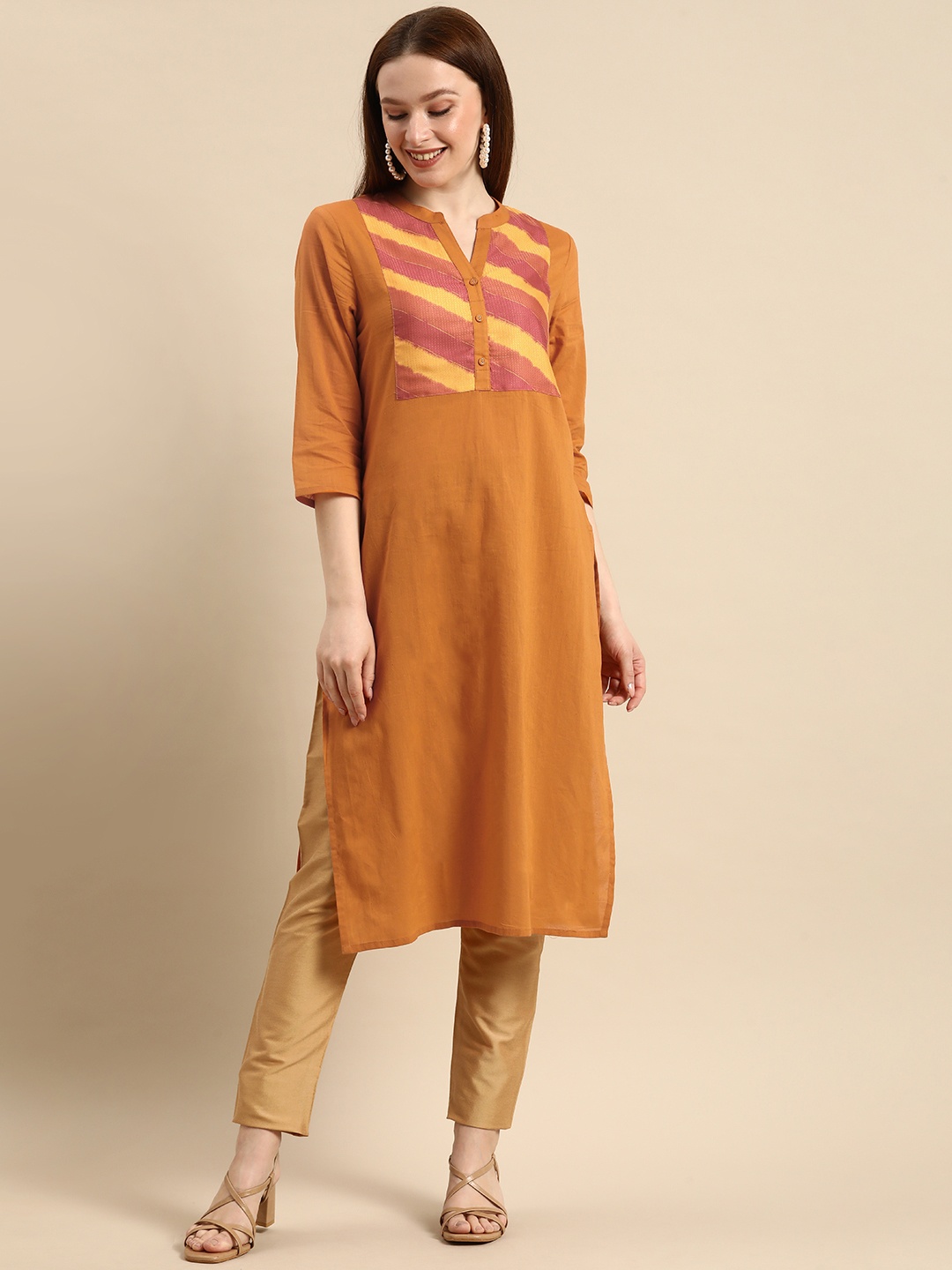 

all about you Women Mustard Yellow Yoke Design Pure Cotton Kurta