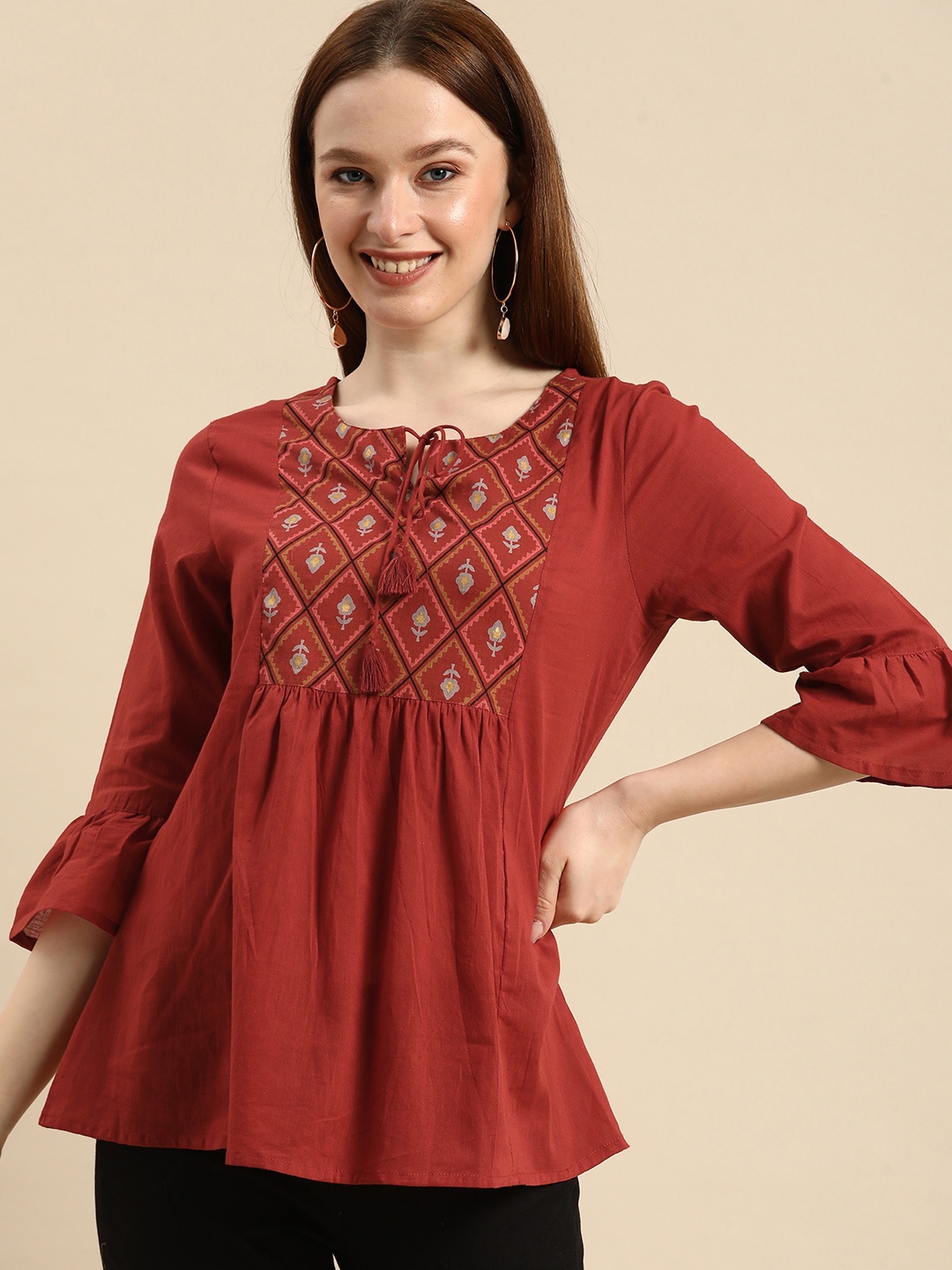 

all about you Rust Red Floral Yoke Design Pure Cotton A-Line Short Kurti