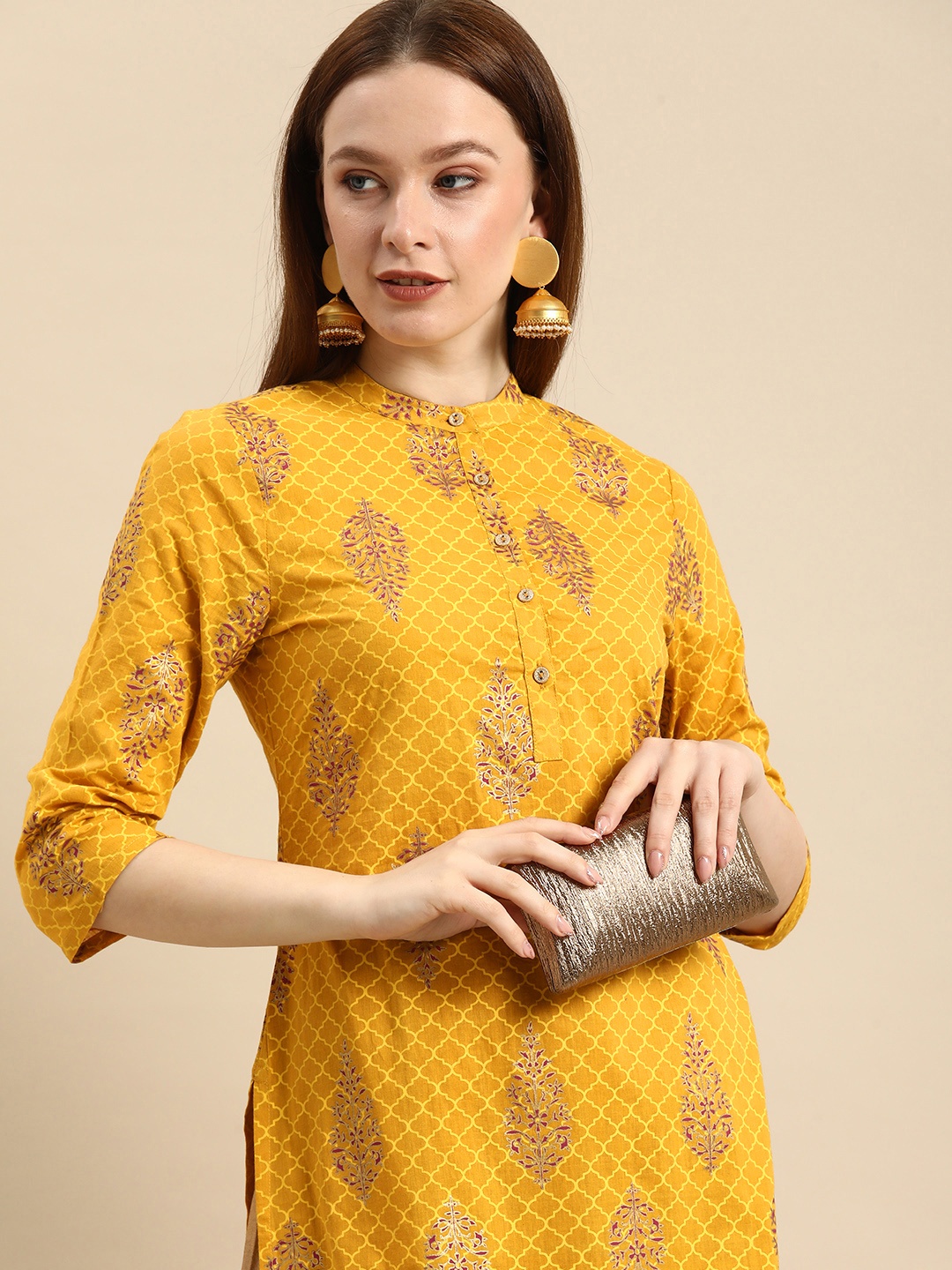 

all about you Women Yellow & Pink Ethnic Motifs Printed Pure Cotton Kurta