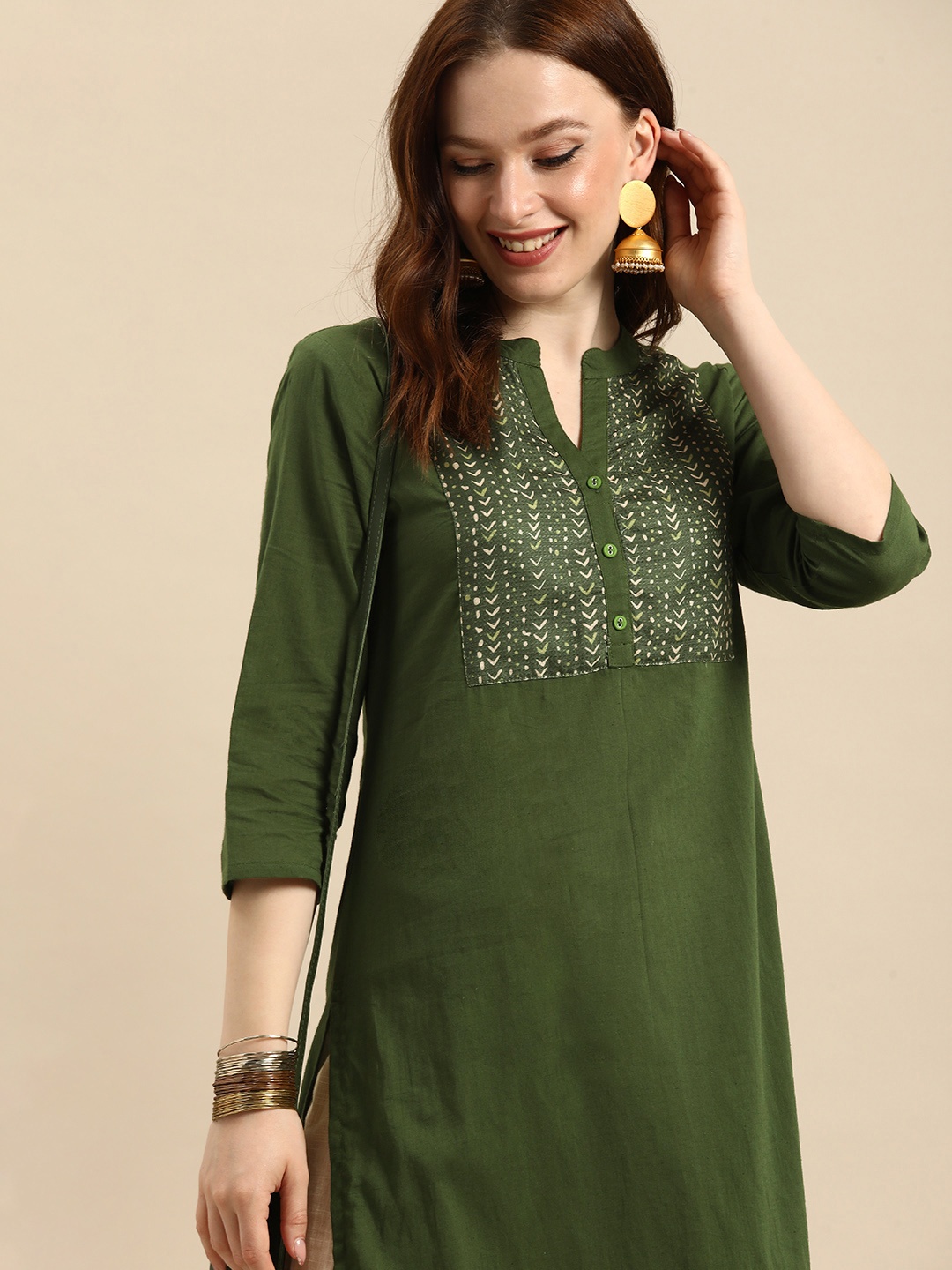 

all about you Women Olive Green Geometric Yoke Design Pure Cotton Kurta