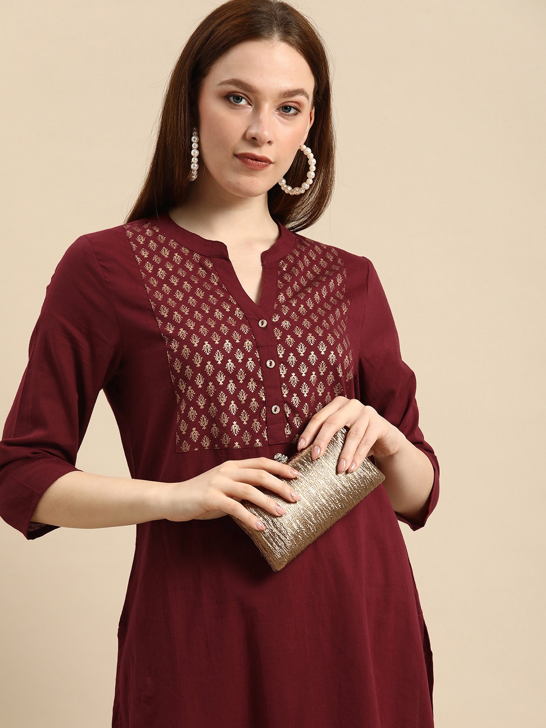 

all about you Women Maroon & Gold-Toned Ethnic Motifs Printed Pure Cotton Kurta