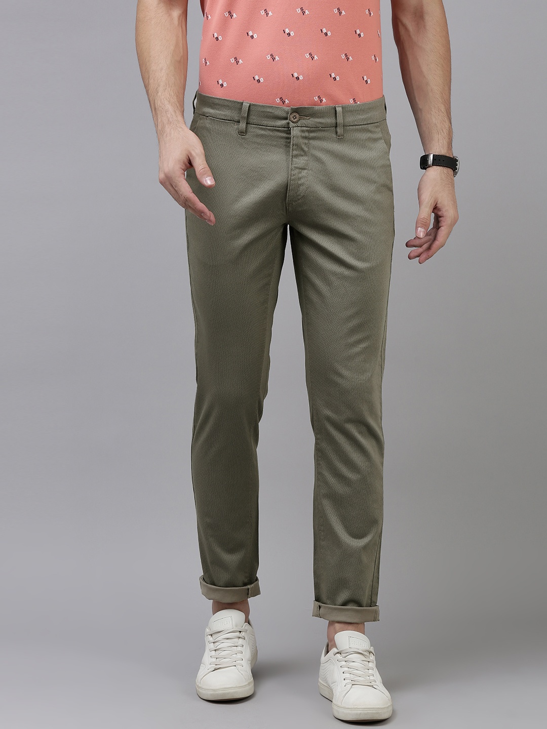

U S Polo Assn Men Beige Austin Trim Fit Geometric Printed Trousers