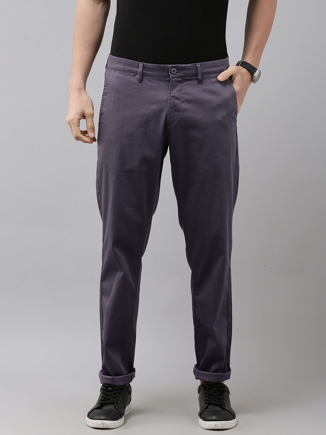 

U S Polo Assn Men Dark Grey Geometric Printed Mid-Rise Regular Trousers