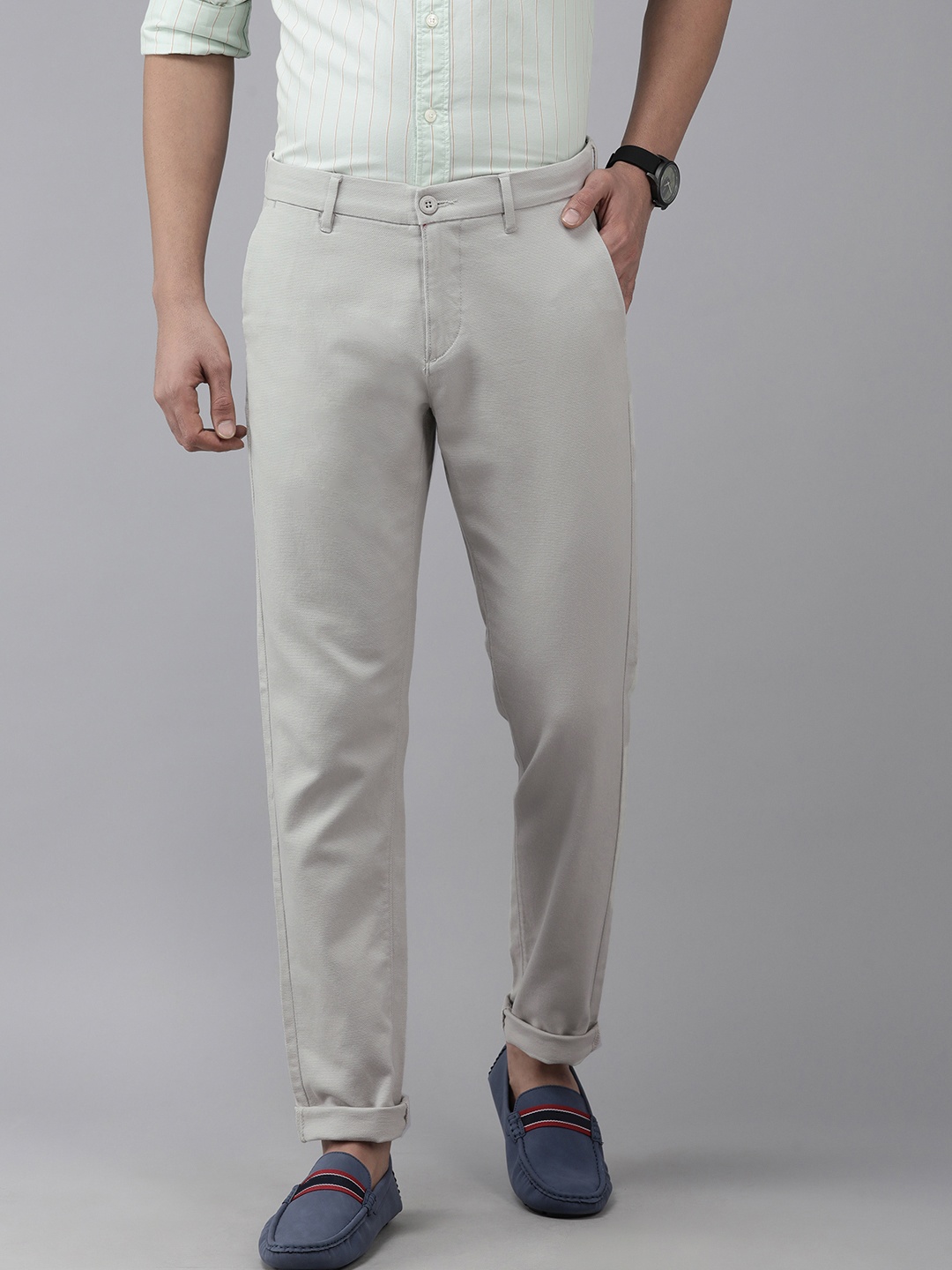 

U S Polo Assn Men Beige Self Design Textured Mid-Rise Regular Trousers