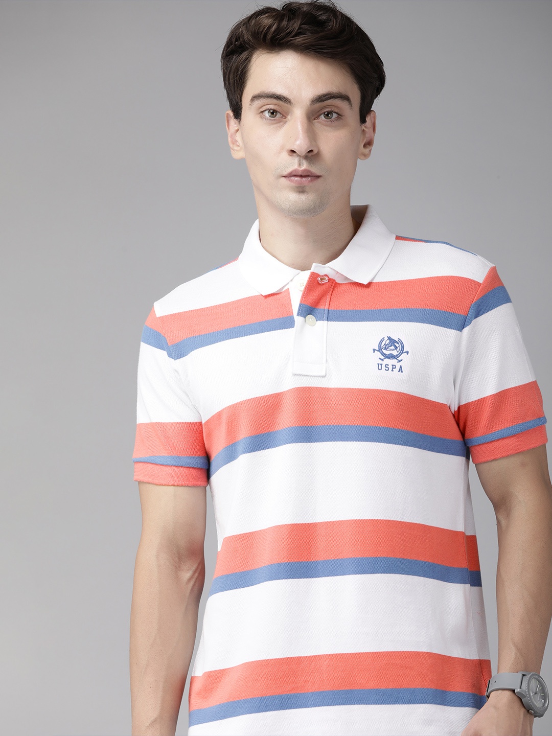 

U S Polo Assn Men White & Pink Striped Pure Cotton T-shirt