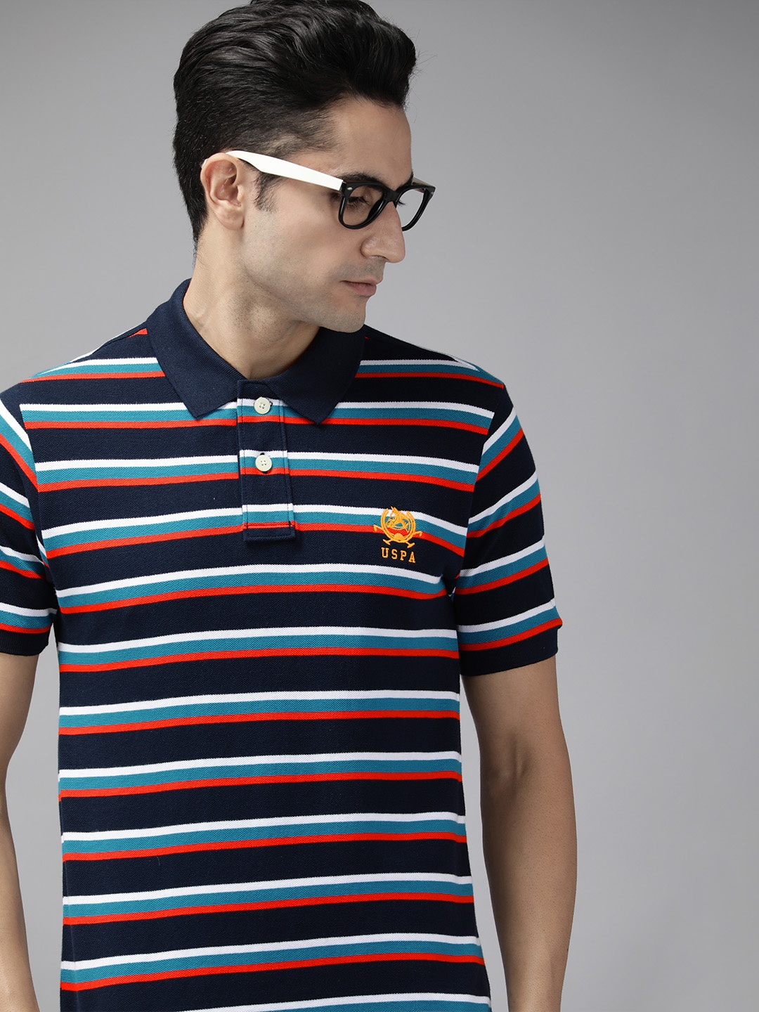 

U S Polo Assn Men Blue & White Striped Polo Collar Pure Cotton T-shirt